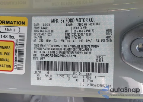 2023 Ford Bronco Sport Big Bend z USA, uszkodzony, nr VIN 3FMCR9B62PRD63379